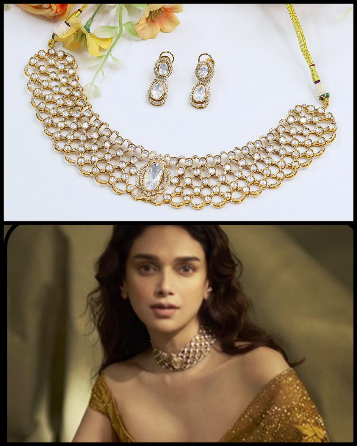 Aditi Rao Inspired Polki Choker Necklace Set – Royal Bridal Elegance