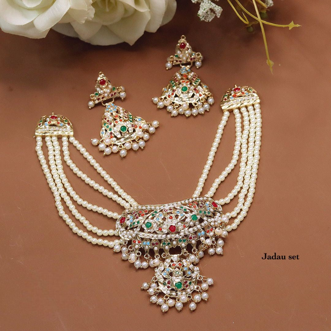 Vibrant Multi-Color Meenakari Jadau Necklace Set with Pearls - Traditional Indian Bridal Choker