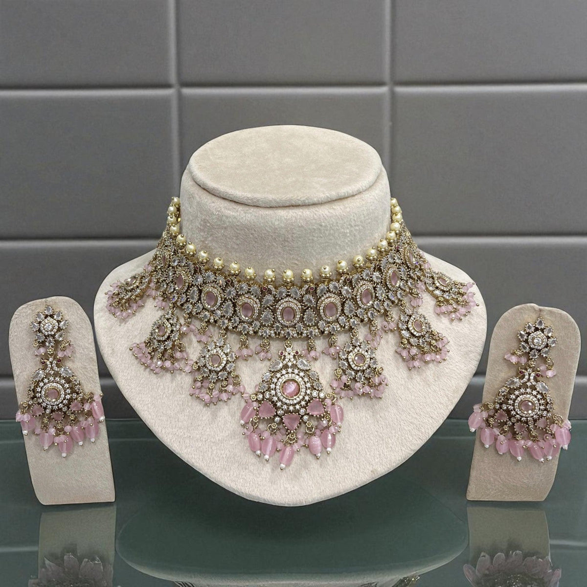 Luxury Mint Green Kundan Choker Pearl Detailing Necklace Set with Beads & Earrings