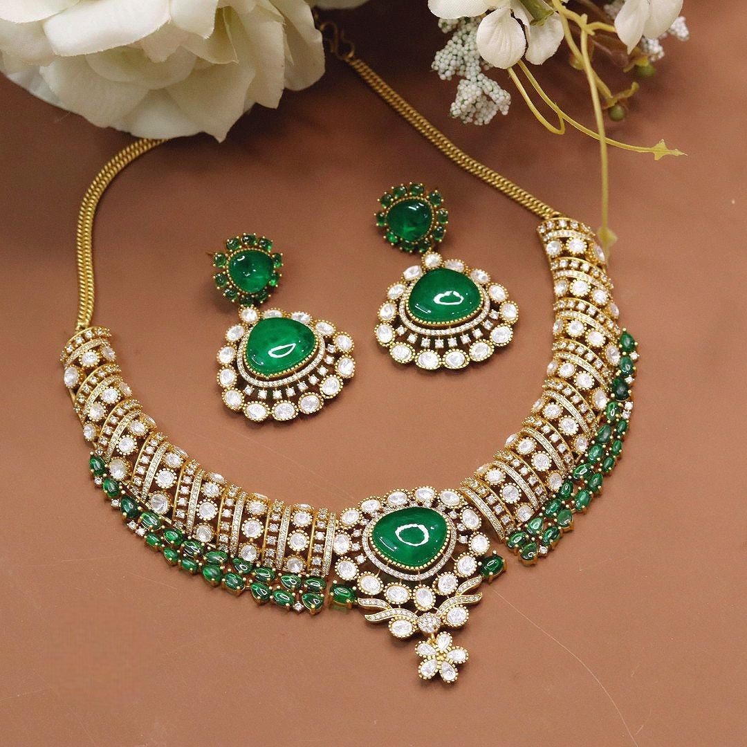 Stunning Gold-Plated Kundan & Emerald Green Stone Necklace Set