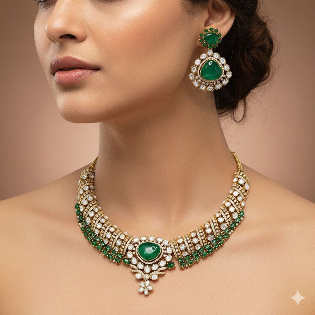Stunning Gold-Plated Kundan & Emerald Green Stone Necklace Set