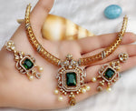 Modern Emerald Green & Diamond-Look Gold Choker Necklace Set with Pearl Drops