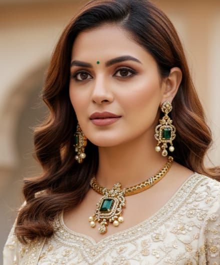 Modern Emerald Green & Diamond-Look Gold Choker Necklace Set with Pearl Drops