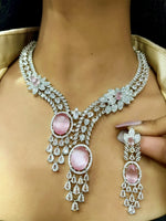 Luxury Diamond-Cut Dual Stone Necklace Set – Pink & Green Crystal Elegance