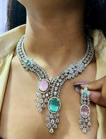 Luxury Diamond-Cut Dual Stone Necklace Set – Pink & Green Crystal Elegance