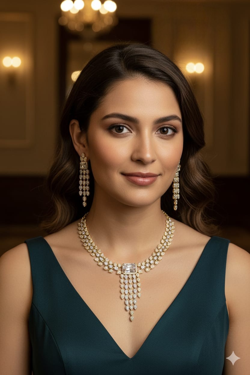 Radiant Diamond Cascade Necklace & Earring Set – Timeless Elegance