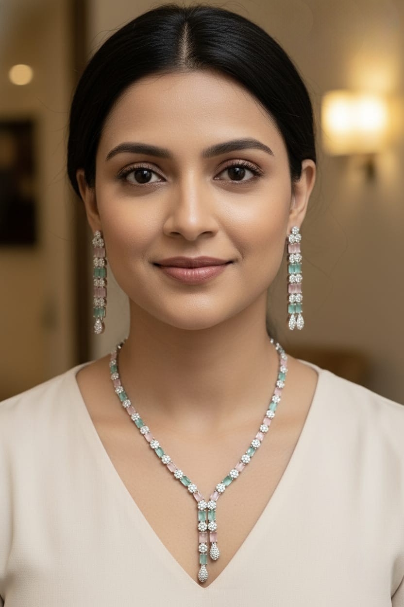 Pastel Elegance Silver Necklace & Earring Set – Mint & Blush Radiance - Libasaa.com