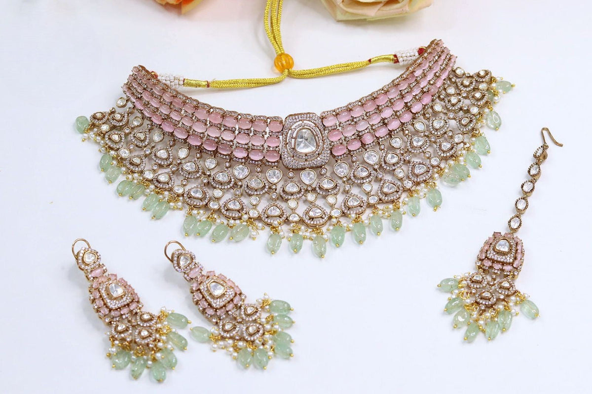 Pink Green Kundan Choker Necklace Set with Earrings – Bridal Polki Jewelry for Weddings & Festive Wear