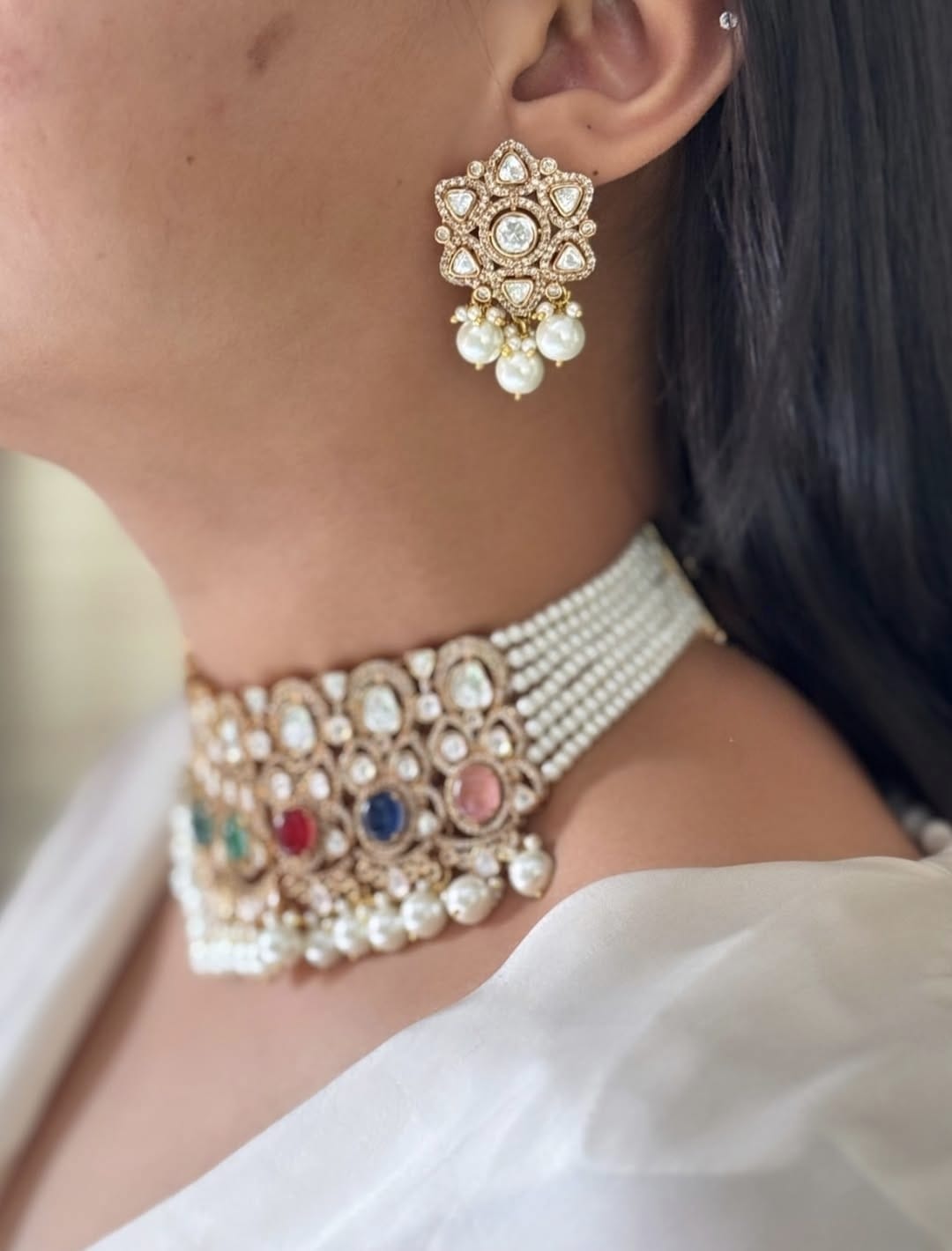 Multi-Stone Kundan Pearl Choker Set – Royal Traditional Beauty - Libasaa.com