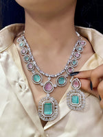 Elegant Dual-Tone Emerald & Pink Stone Necklace Set – Dazzling Diamond Finish - Libasaa.com
