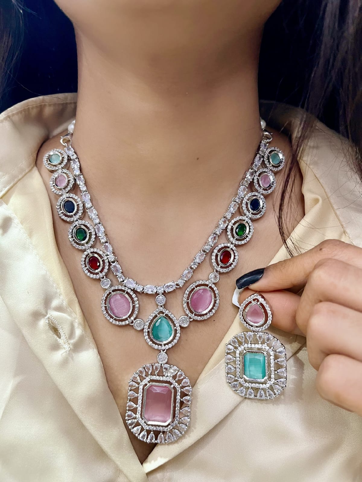 Elegant Dual-Tone Emerald & Pink Stone Necklace Set – Dazzling Diamond Finish - Libasaa.com