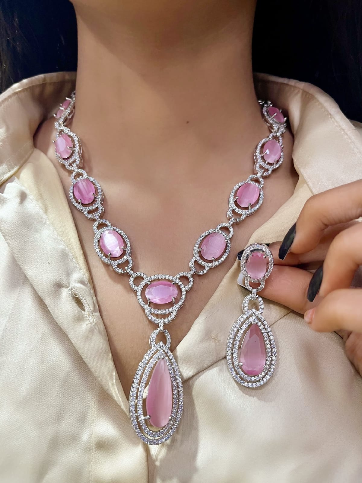 Elegant Fusion Tear Drop American Diamond Necklace Set - Libasaa - Libasaa.com