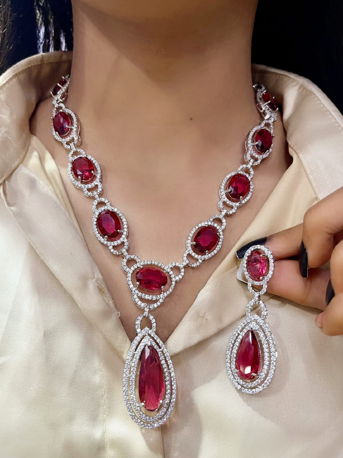 Elegant Fusion Tear Drop American Diamond Necklace Set - Libasaa - Libasaa.com