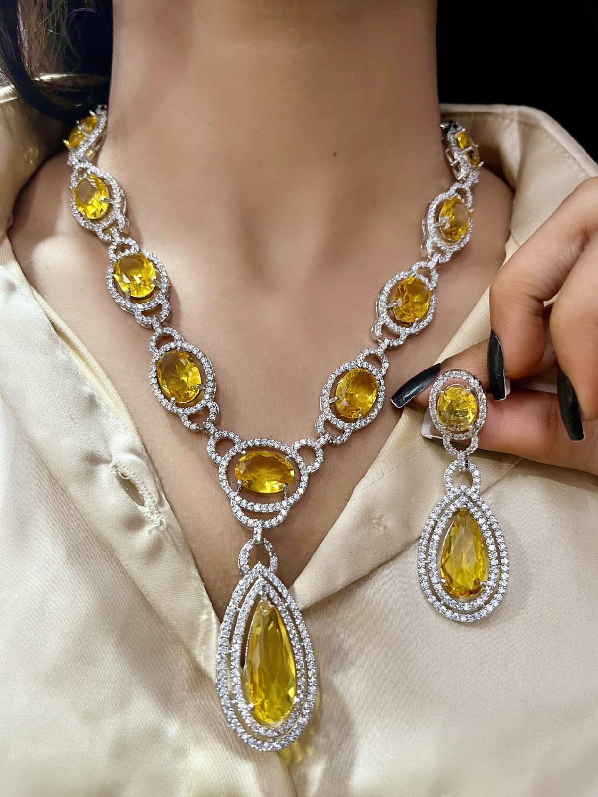 Elegant Fusion Tear Drop American Diamond Necklace Set - Libasaa - Libasaa.com