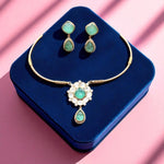 Minimalist Green Stone Necklace & Earring Set – Contemporary Gold-Plated Jewelry