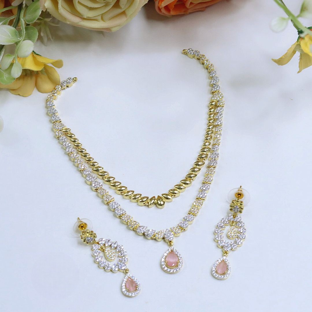 Golden CZ Necklace Jewellery Set | American Diamonds Indian Necklace & Earrings Set