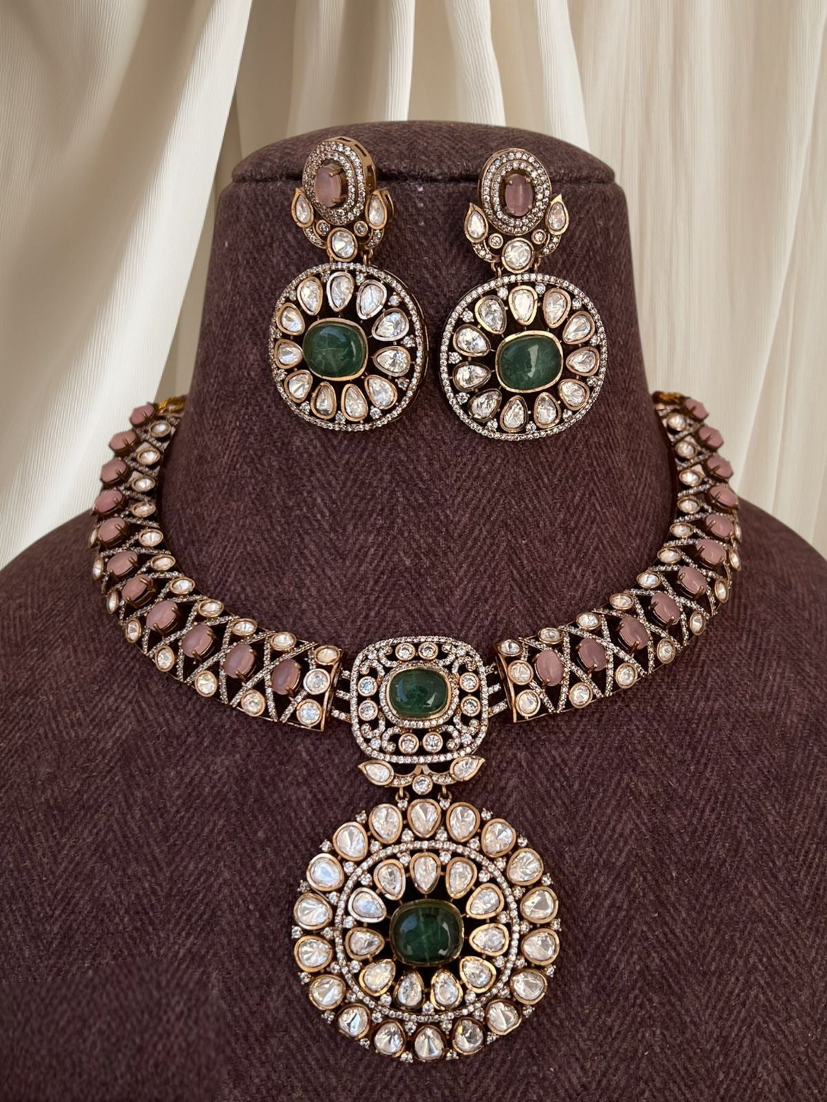 Antique Gold-Finish Polki Necklace Set | Indian Jewellery | Floral Kundan & Stone Choker Necklace Set with Earrings