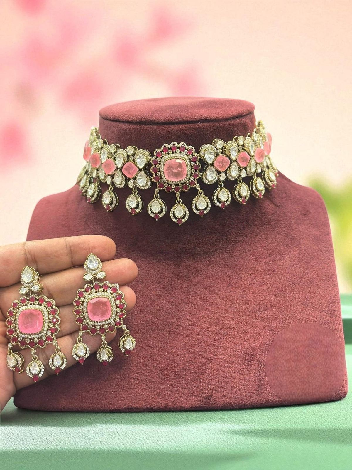 Regal Blue Stone Kundan Choker Necklace & Earring Set Traditional Bridal Jewelry