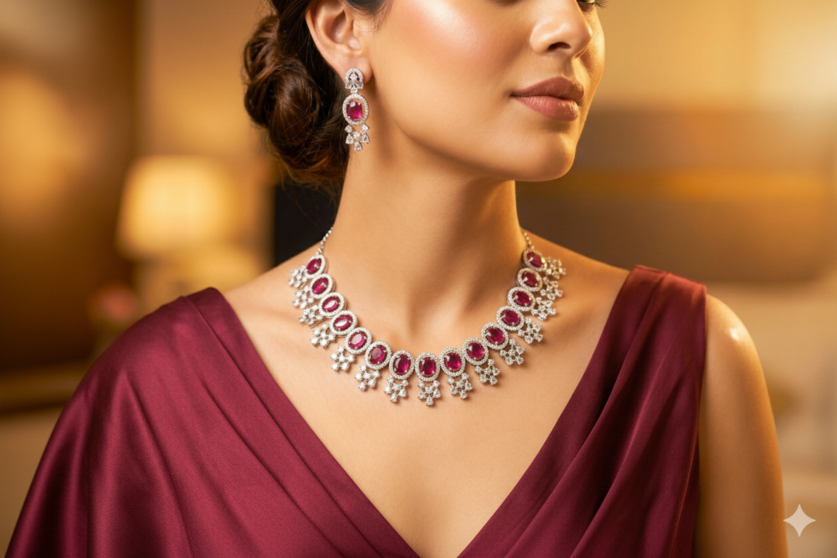 Stone Diamond-Studded Necklace Set with Earrings | Indian Jewellery | Stone Diamond Jewellery | Indian Necklace Set