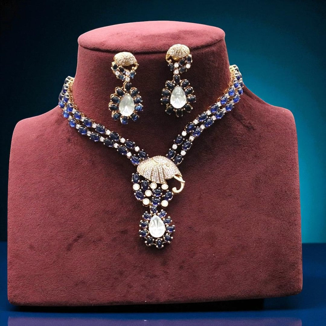 Royal Blue Stone AD Necklace & Earring Set with Umbrella Motif – Designer Statement Jewelry