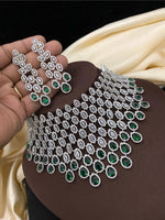 Silver-Plated Choker Necklace Set with Mint Green Stones | Silver-Plated Indian Jewellery | Stylish Indian Necklace Set With Matching Earrings