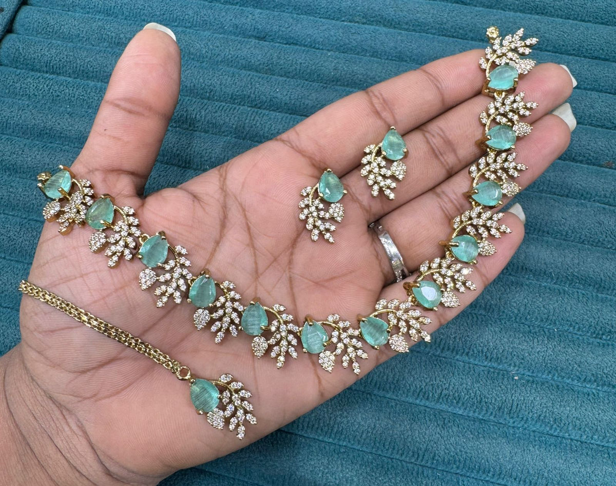 Multicolor Stone Diamond Necklace Set with Matching Earrings & Maangtika | Premium Indian Jewellery | Diamond Jewellery | Indian Necklace Set