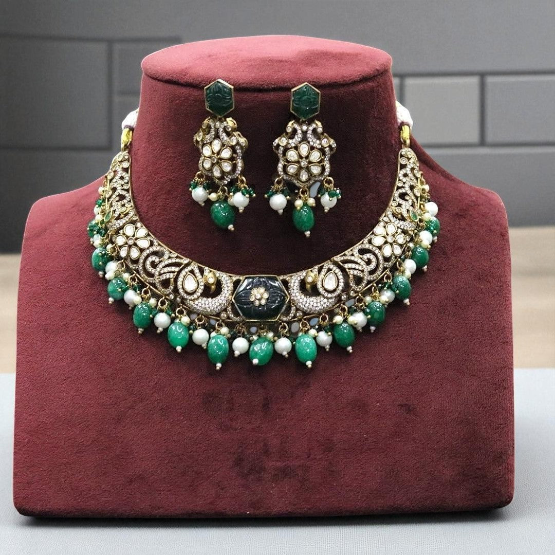 Antique Green Beaded Kundan Choker Necklace & Earring Set Traditional Temple Jewelry Design