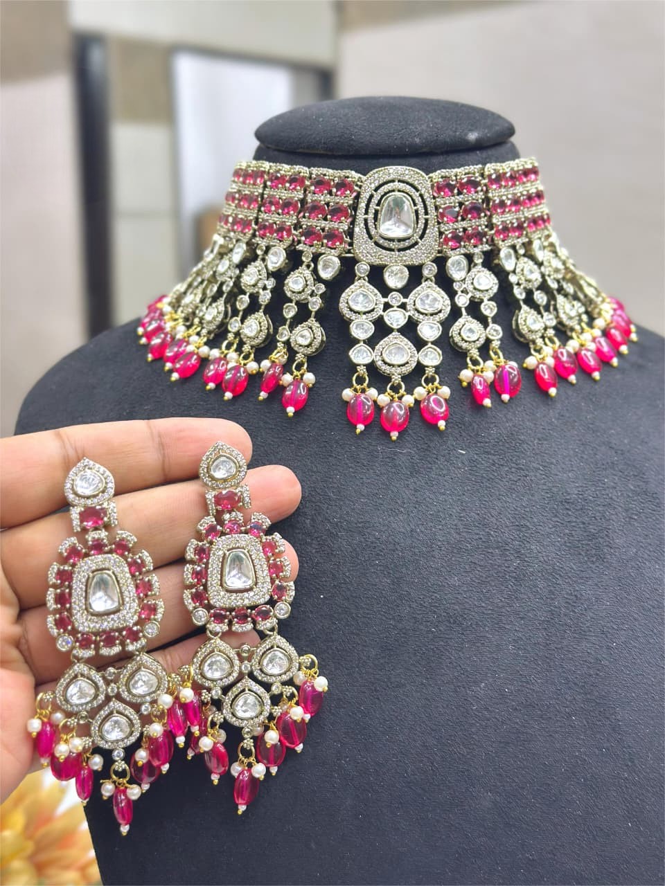 Zara Kundan Choker Necklace Set with Earrings – Bridal Polki Jewelry for Weddings & Festive Wear