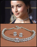 Celebrity Inspired Radiant Square-Cut Diamond Choker Necklace Set with Matching Earrings Bridal Party Wear Indian Necklace Set