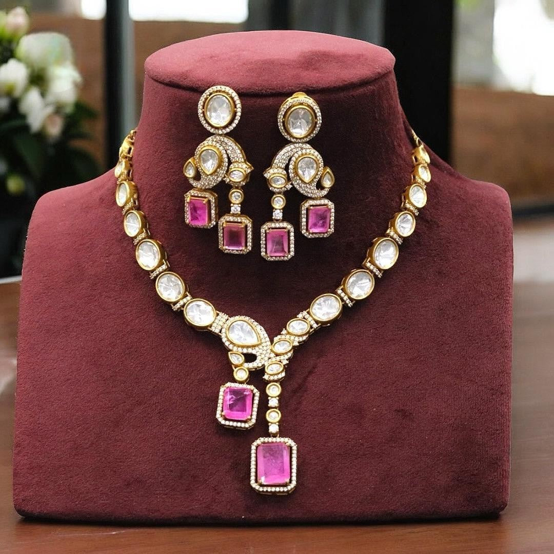 Gold-Plated Kundan & Ruby Pink Stone Necklace Earring Set Statement Bridal Jewelry