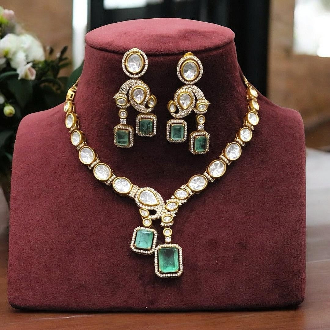 Gold-Plated Kundan & Ruby Pink Stone Necklace Earring Set Statement Bridal Jewelry