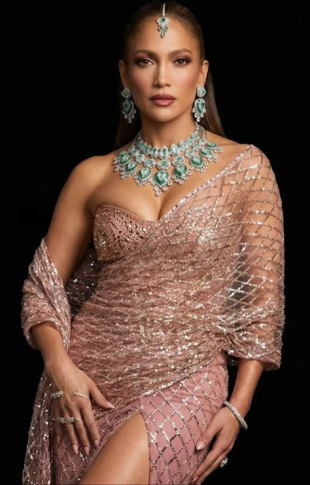 Celebrity Inspired Emerald Green Kundan Bridal Jewellery Set with Earrings & Maang Tikka | Luxury Indian Bridal Necklace Set