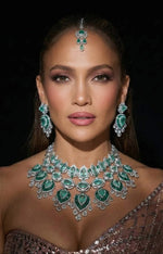Celebrity Inspired Emerald Green Kundan Bridal Jewellery Set with Earrings & Maang Tikka | Luxury Indian Bridal Necklace Set