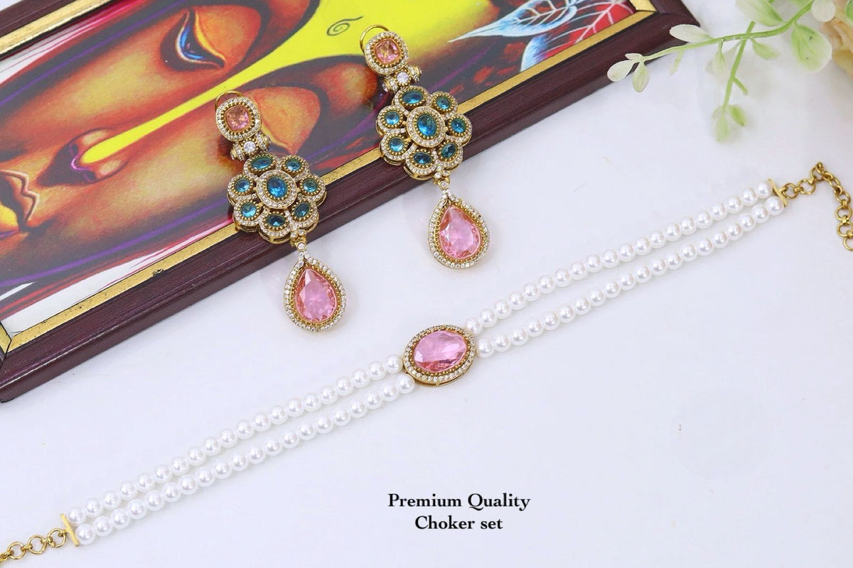 Celebrity Inspired Pearl Choker Bridal Necklace Set & Handcrafted Earrings – Antique Gold Kundan Style Indian Wedding Jewelry