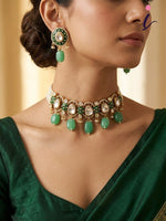 Green Kundan Choker Necklace Set with Earrings | Emerald Beads Bridal Jewellery | Traditional Indian Wedding & Party Wear Necklace