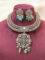 Antique Silver Choker Necklace Set with Mint Green Beads & CZ Detailing