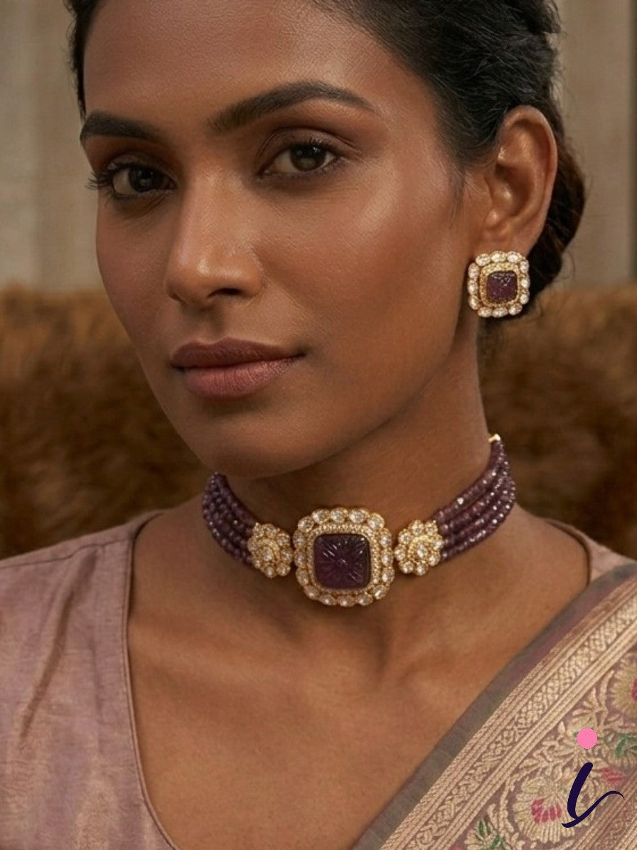 Purple Beaded Kundan Choker Necklace Set with Stud Earrings for Women | Gold Plated Traditional Bridal Jewellery | Indian Wedding & Party Wear