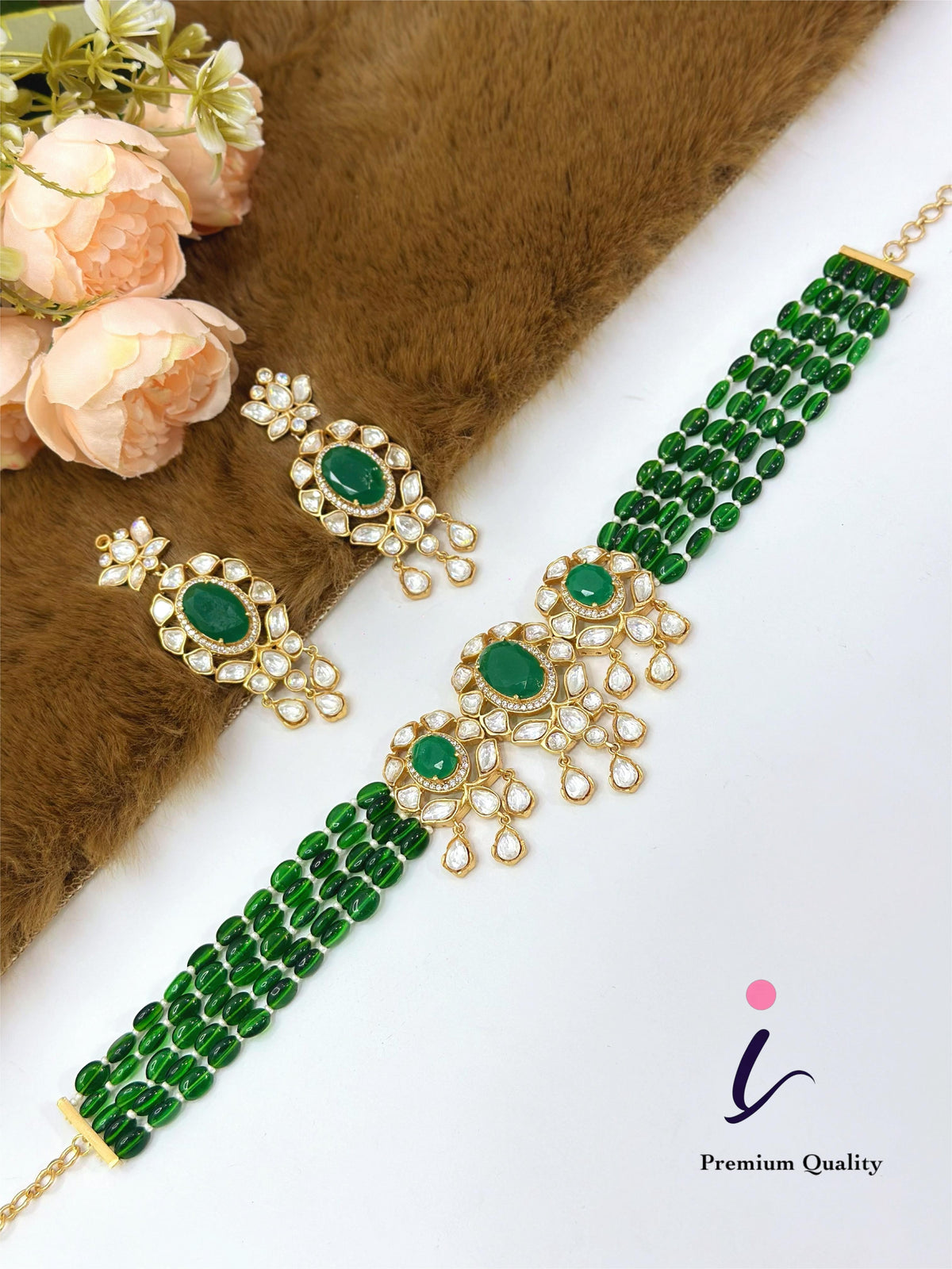 Green Beaded Kundan Choker Necklace Set with Earrings for Women | Gold Plated Bridal Jewellery | Traditional Indian Wedding & Party Wear