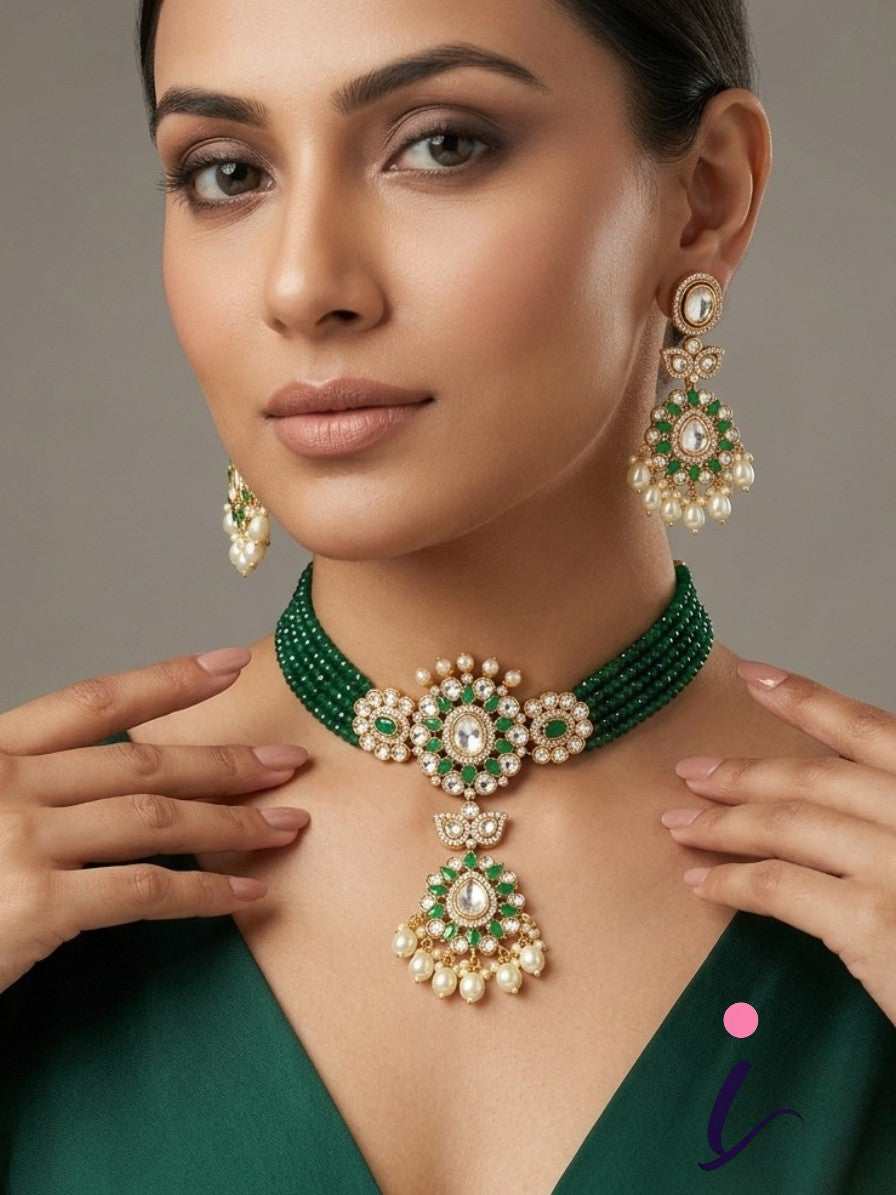 Emerald Green Beaded Kundan Choker Necklace Set with Earrings & Maang Tikka for Women | Gold Plated Bridal Jewellery | Traditional Indian Wedding Wear