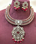 Antique Silver Choker Necklace Set with Mint Green Beads & CZ Detailing