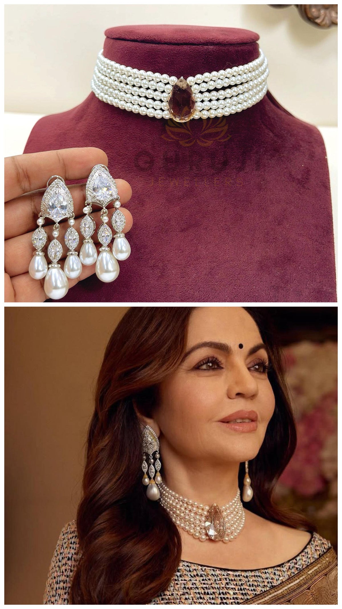 White Pearl Multi-Layer Choker Necklace Set with CZ Drop Earrings for Women | Designer Bridal Wedding & Party Wear Jewellery