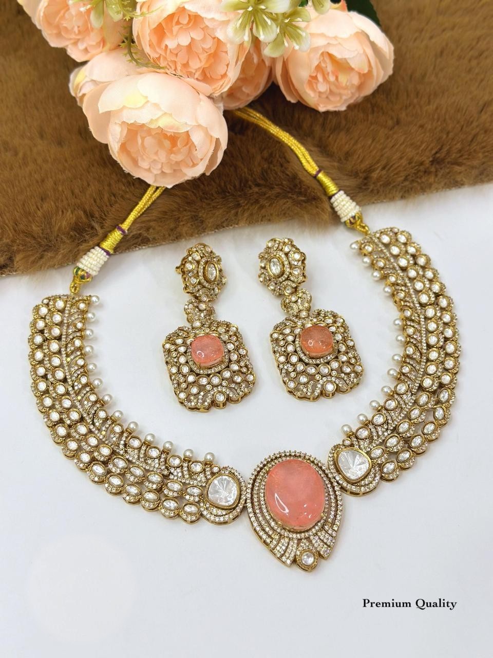 Peach Kundan Polki Choker Necklace Set with Earrings for Women | Gold Plated Bridal Wedding & Party Wear Jewellery