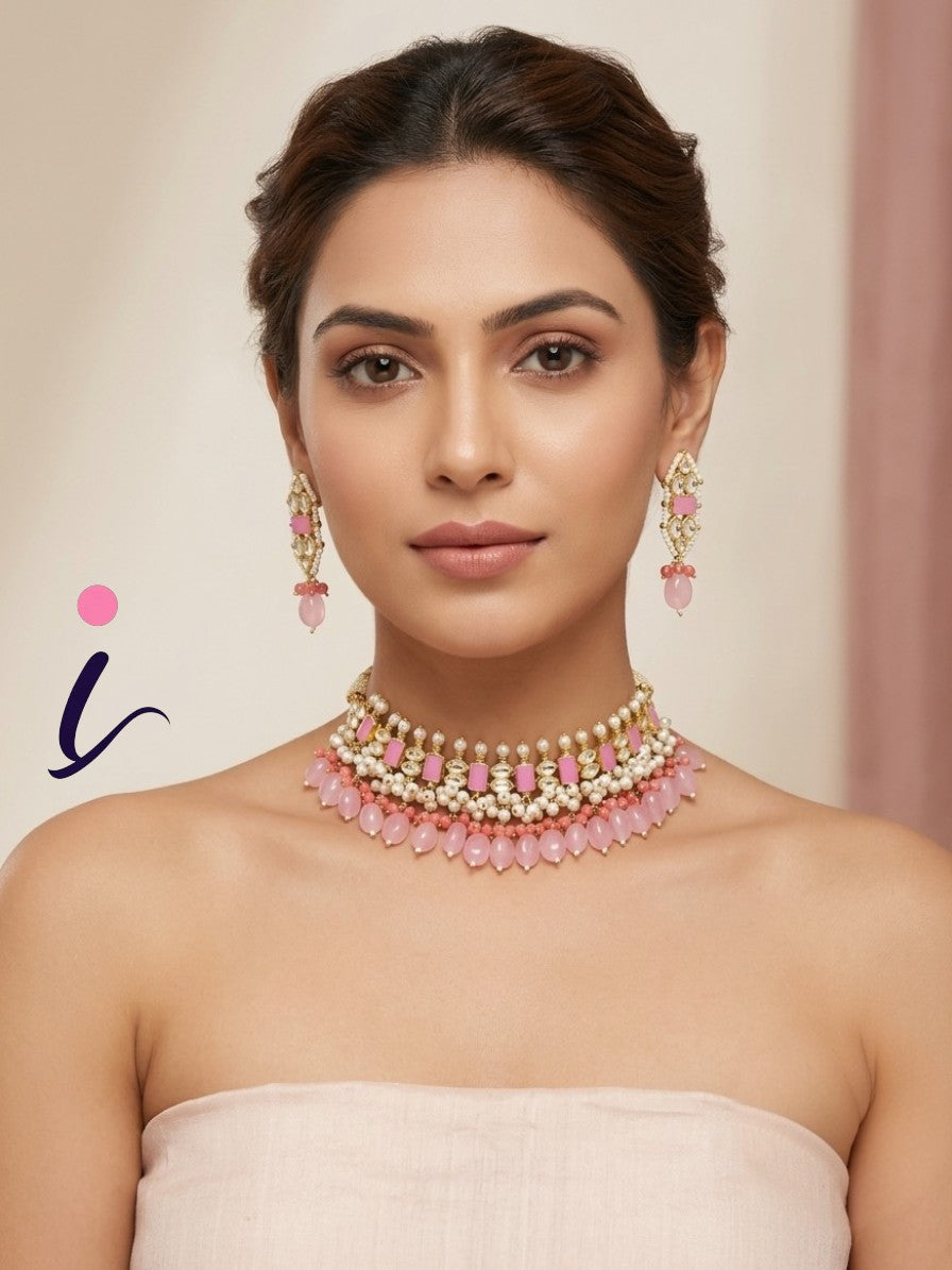 Pink Kundan Pearl Choker Necklace Set with Earrings for Women | Gold Plated Bridal Wedding & Party Wear Jewellery