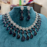 Statement Geometric CZ Choker Necklace Set with Teardrop Earrings Silver-Toned Bridal Jewelry