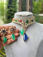 Multicolor Kundan Polki Choker Necklace Set with Green & Pink Stone Drops Bridal & Festive Jewelry