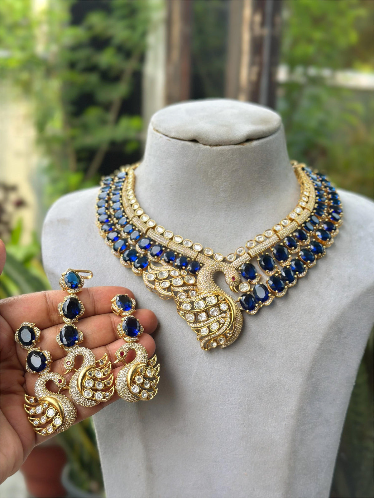 Royal Peacock Design Navy Blue Kundan Choker Necklace Set with Maang Tikka & Earrings Bridal Statement Jewelry
