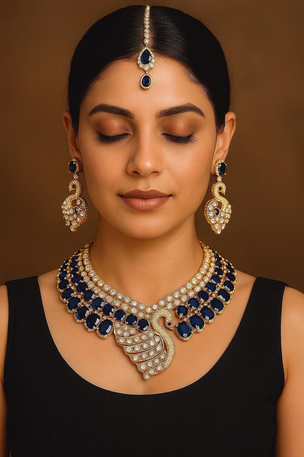 Royal Peacock Design Navy Blue Kundan Choker Necklace Set with Maang Tikka & Earrings Bridal Statement Jewelry
