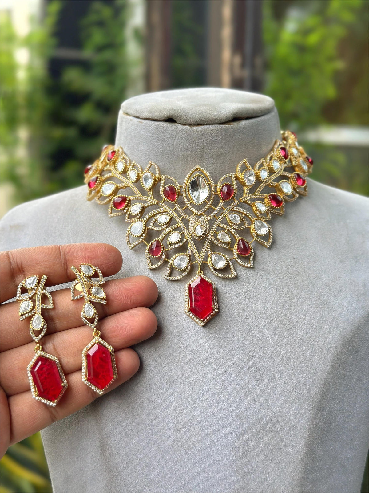 Ruby Red Leaf Design Kundan Polki Choker Necklace Set with Matching Drop Earrings – Bridal & Festive Jewelry