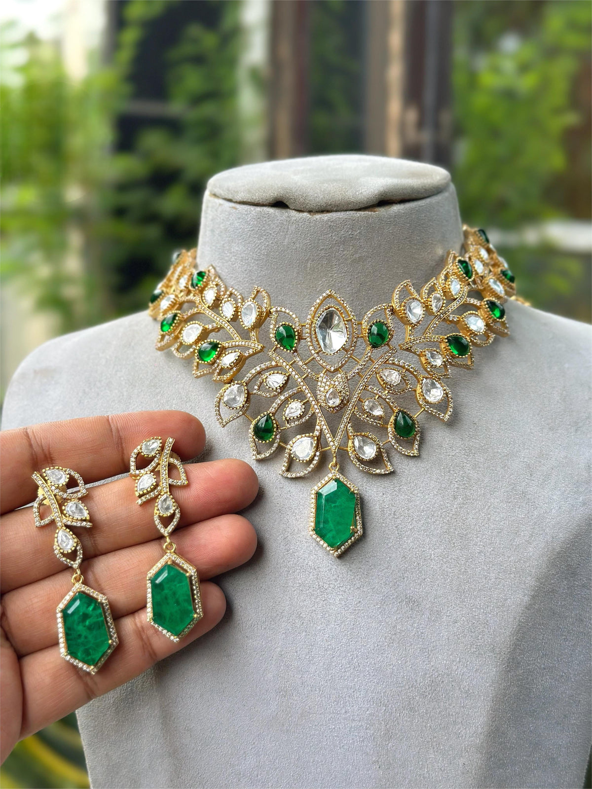 Ruby Red Leaf Design Kundan Polki Choker Necklace Set with Matching Drop Earrings – Bridal & Festive Jewelry