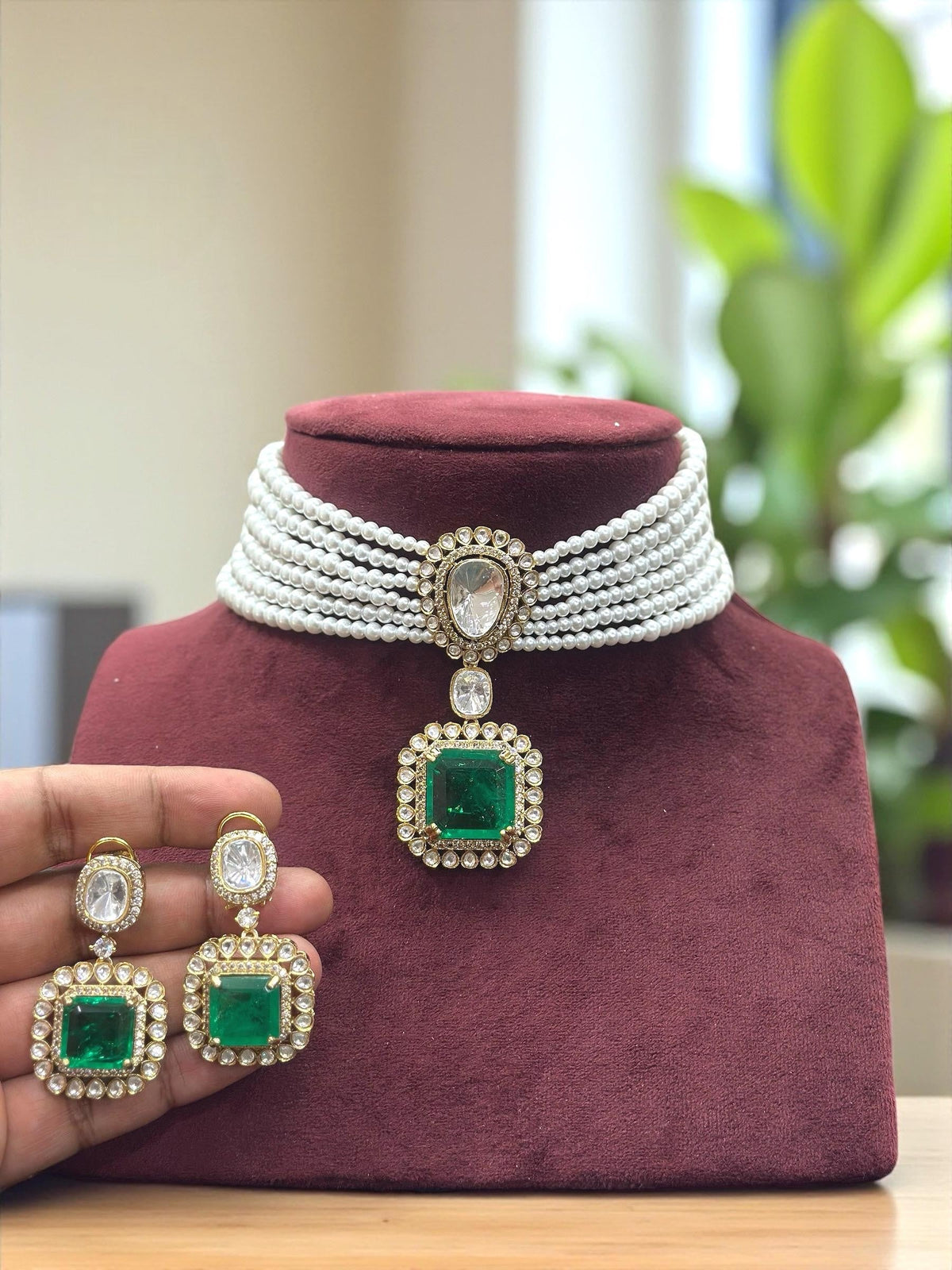 Elegant Pearl Strand Choker Necklace with Emerald Green Pendant & Earrings – Bridal & Partywear Jewelry